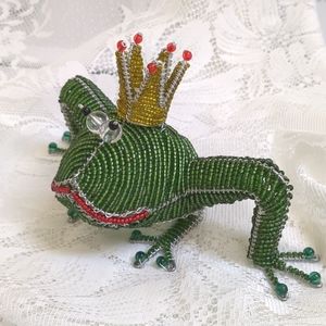 Bead and Wire Beaded Green Frog Prince